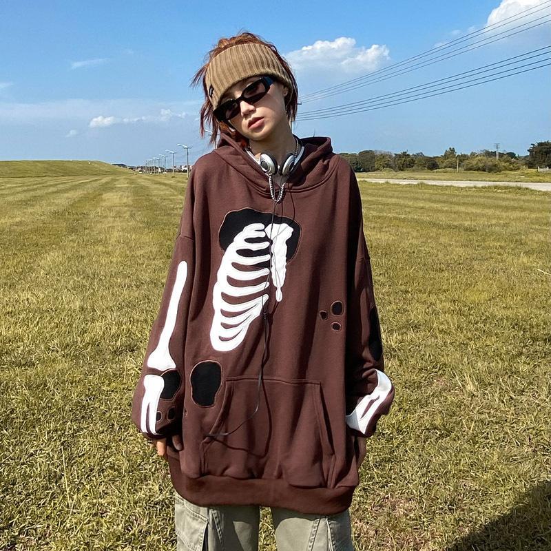 American retro street Y2K patch skull print hooded sweater sweatshirt men and women oversize niche high street jacket jacket ins