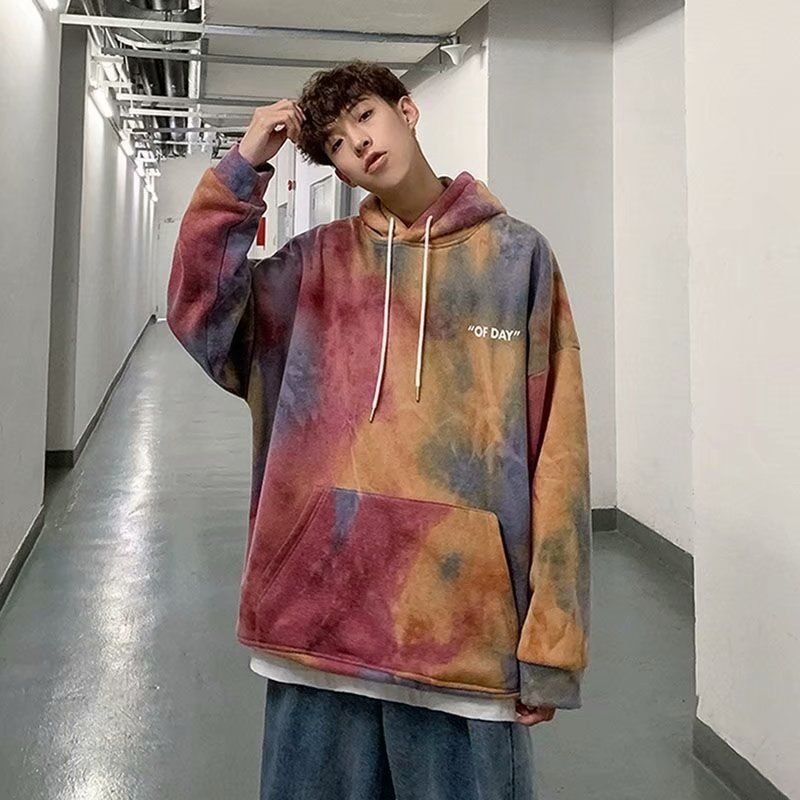 Couple tie dyed hooded sweater for men and women Korean version plush thickened long sleeve coat loose versatile top