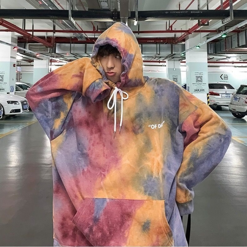 Couple tie dyed hooded sweater for men and women Korean version plush thickened long sleeve coat loose versatile top