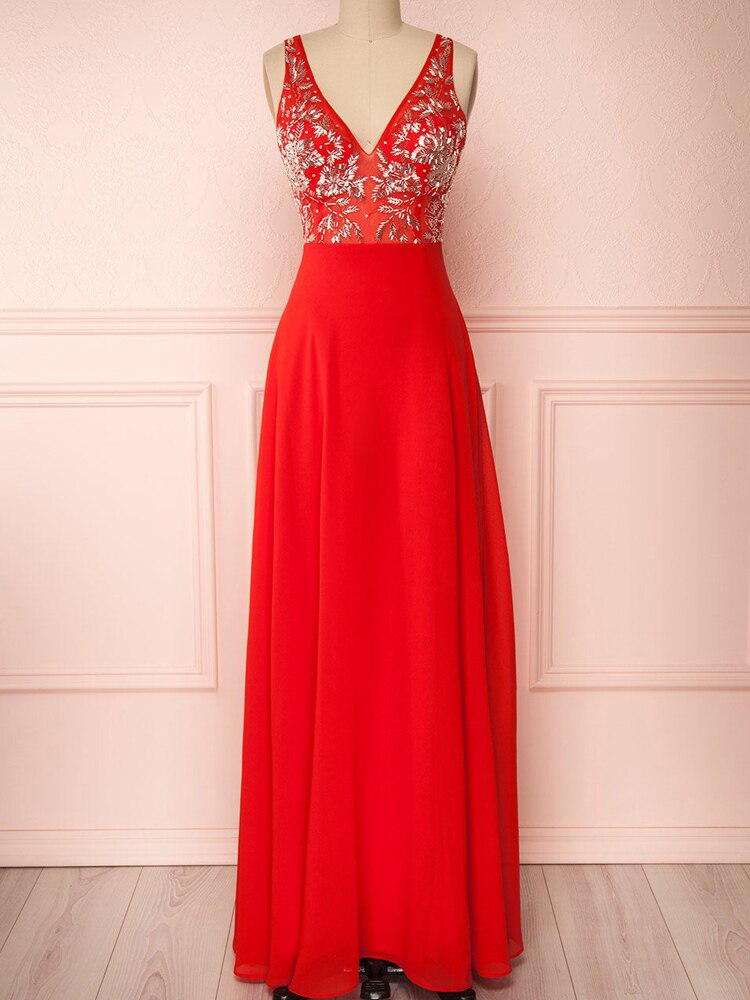 ENOCH Stunning V-Neck A-Line Evening Dresses Sleeveless Backless Red Appliques Formal Gowns Chiffon Side Split Vestido De Noche