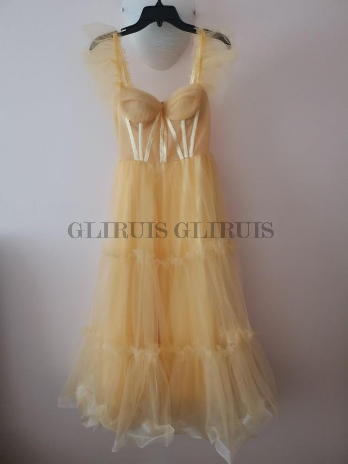 Simple Pink Short Prom Dresses Spaghetti Straps Tiered Tulle Tea-Length Wedding Party Dress Evening Wear Robes