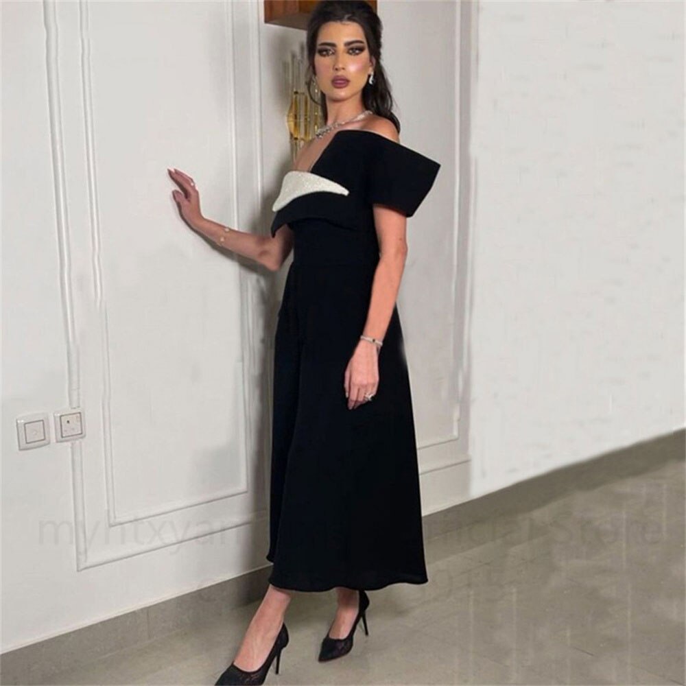 MvozeinCelebrity Black Saudi Arabia Midi Women Party Dress Off The Shoulder Prom Gowns Slit Side Formal Evening Dress Night Club
