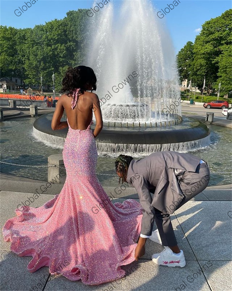 Pink Halter Evening Dress Beaded Crystal Birthday Party Gowns Sparkly Sequined Long Prom Dresses Mermaid Robe De Bal