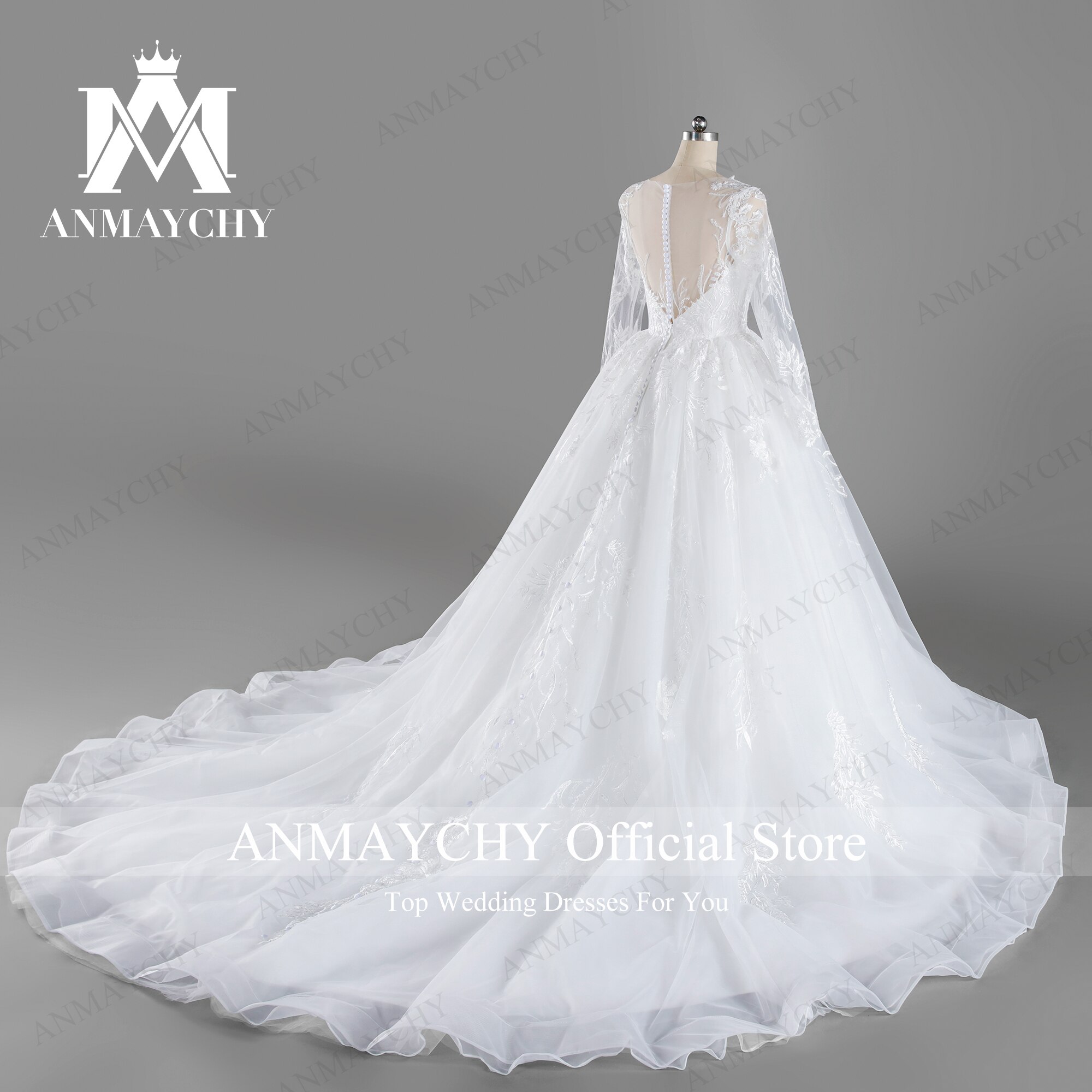 ANMAYCHY A-Line Wedding Dresses For Women 2022 Button Illusion Appliques Sweetheart  Long Sleeve Wedding Gowns Vestidos De Novia