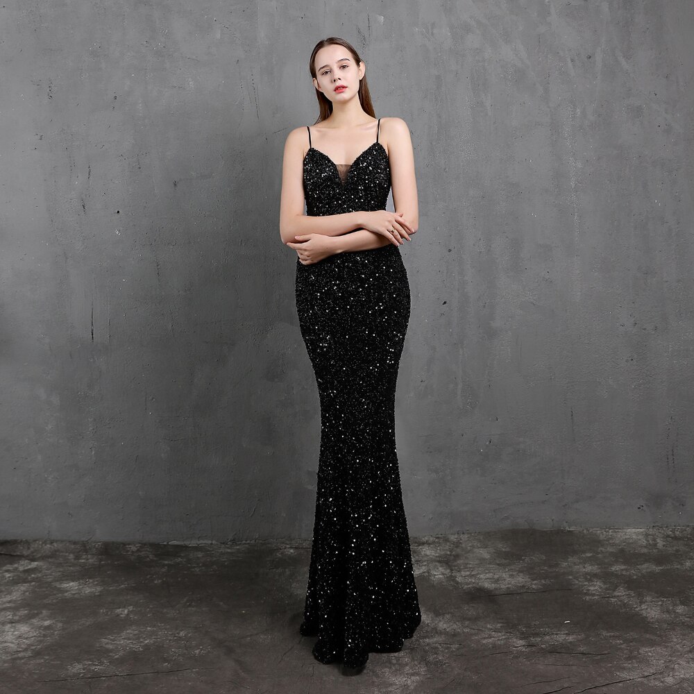 ED18523 Sling V Neck Long Evening Dress Mermaid Party Gowns Sexy Sequined Beading Formal Dress Prom Gown Backless For Wedding