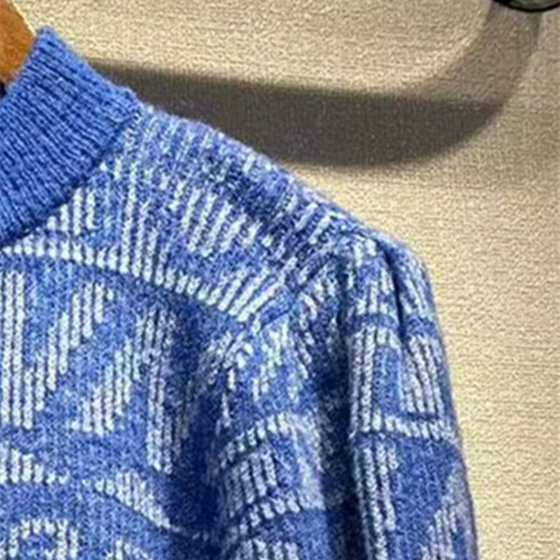 Letter Jacquard Women Blue Pullover Tops Long Sleeve Fashion Warm Shoulder with Buttons Ladies O-Neck Knit Sweater