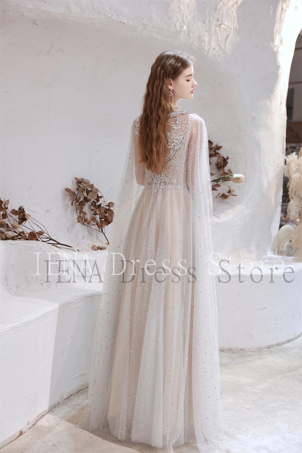 14272#IENA Long Cape Sleeves Chiffon Bohemian Prom Dresses 2023 Backless Vintage Crew Neck Party Gowns Plus Size Evening Dresses