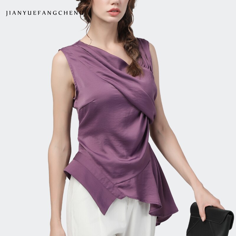 Newest 2020 Summer Women Tops Sleeveless Irregular Pleated Elegant Slim Shirt Fashion Solid Color Female Causal Office Blouses