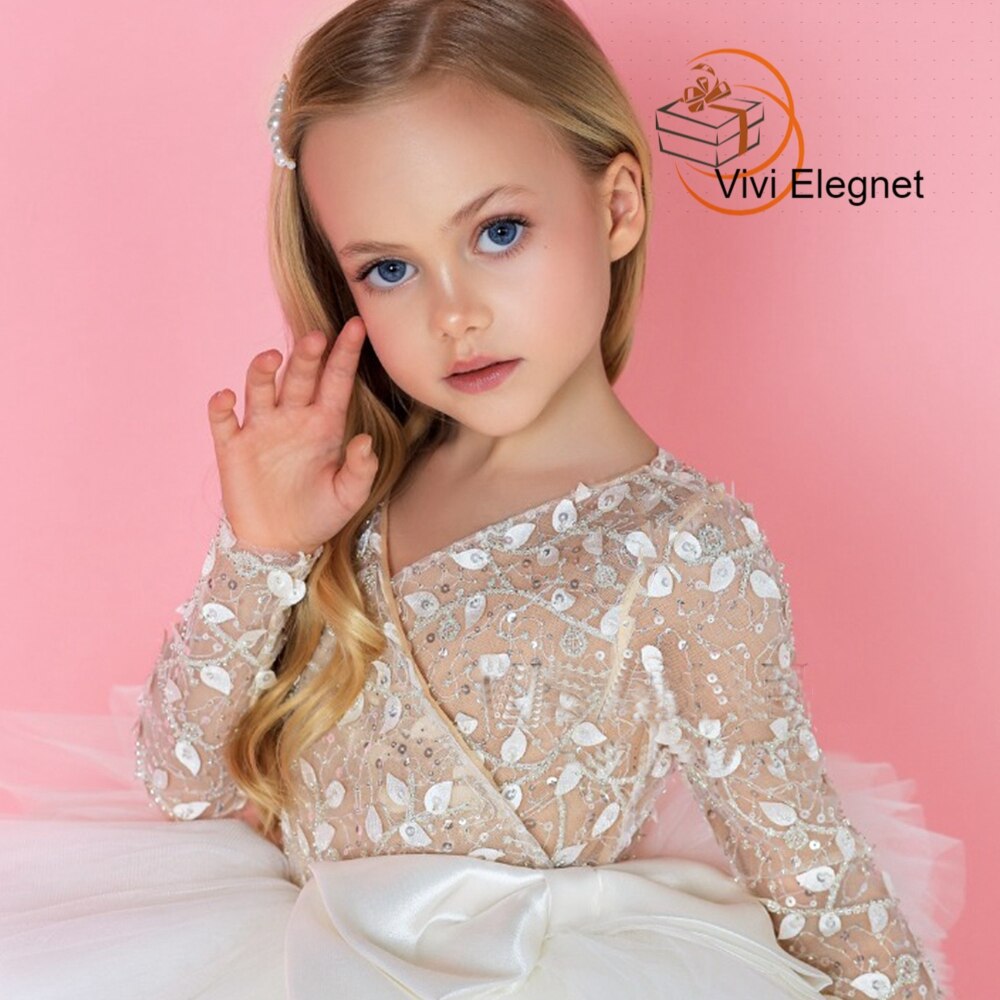 White Tutu Flower Girl Dresses for Princess Beads Full Sleeve Knee Length Child Communion Costumes 2022 Winter فساتين اطفال للعي