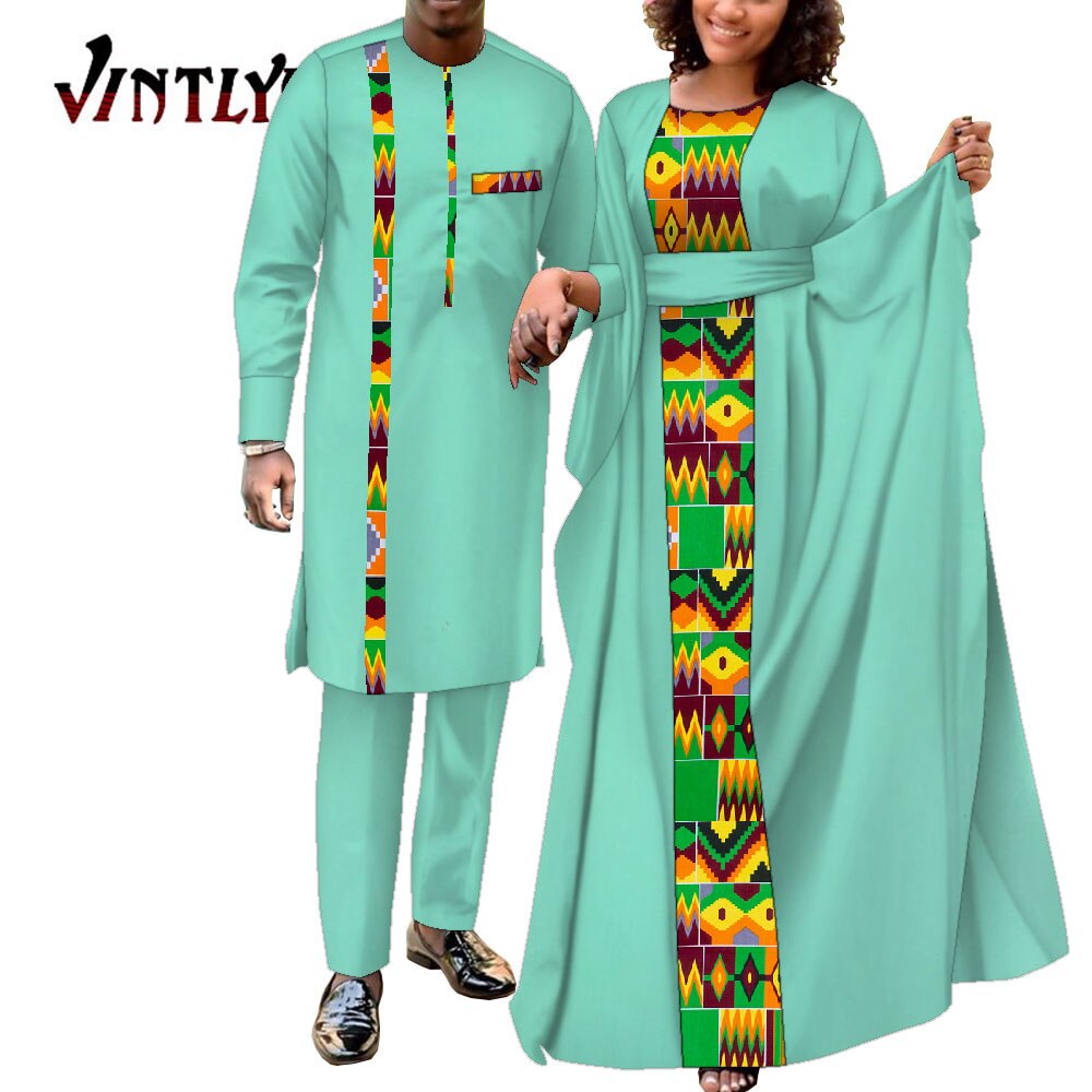 2 Pcs African Dresses for Women and Dashiki Men Suits Floral Print Couple Clothes Lovers Outfit Patchwork Robe Dress Wyq949
