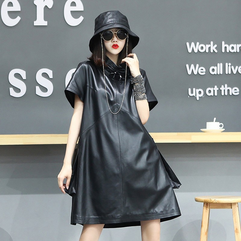High Street Harajuku Women Loose Fit Mid Dress Short Sleeve Turtleneck Genuine Leather Dress Pockets Belted Oversized Dresses