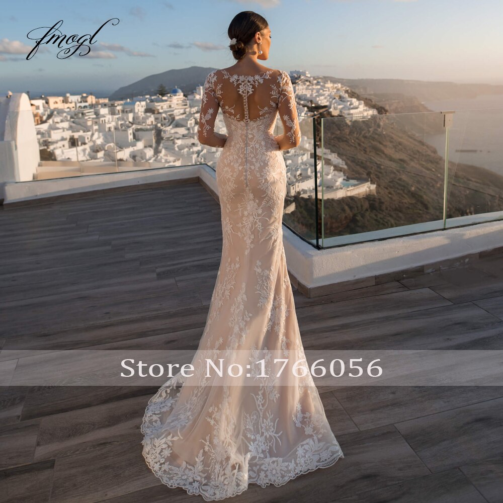 Fmogl Sexy Illusion Long Sleeve Lace Mermaid Wedding Dresses 2022 Luxury Appliques Button Detachable Train Trumpet Bride Gown