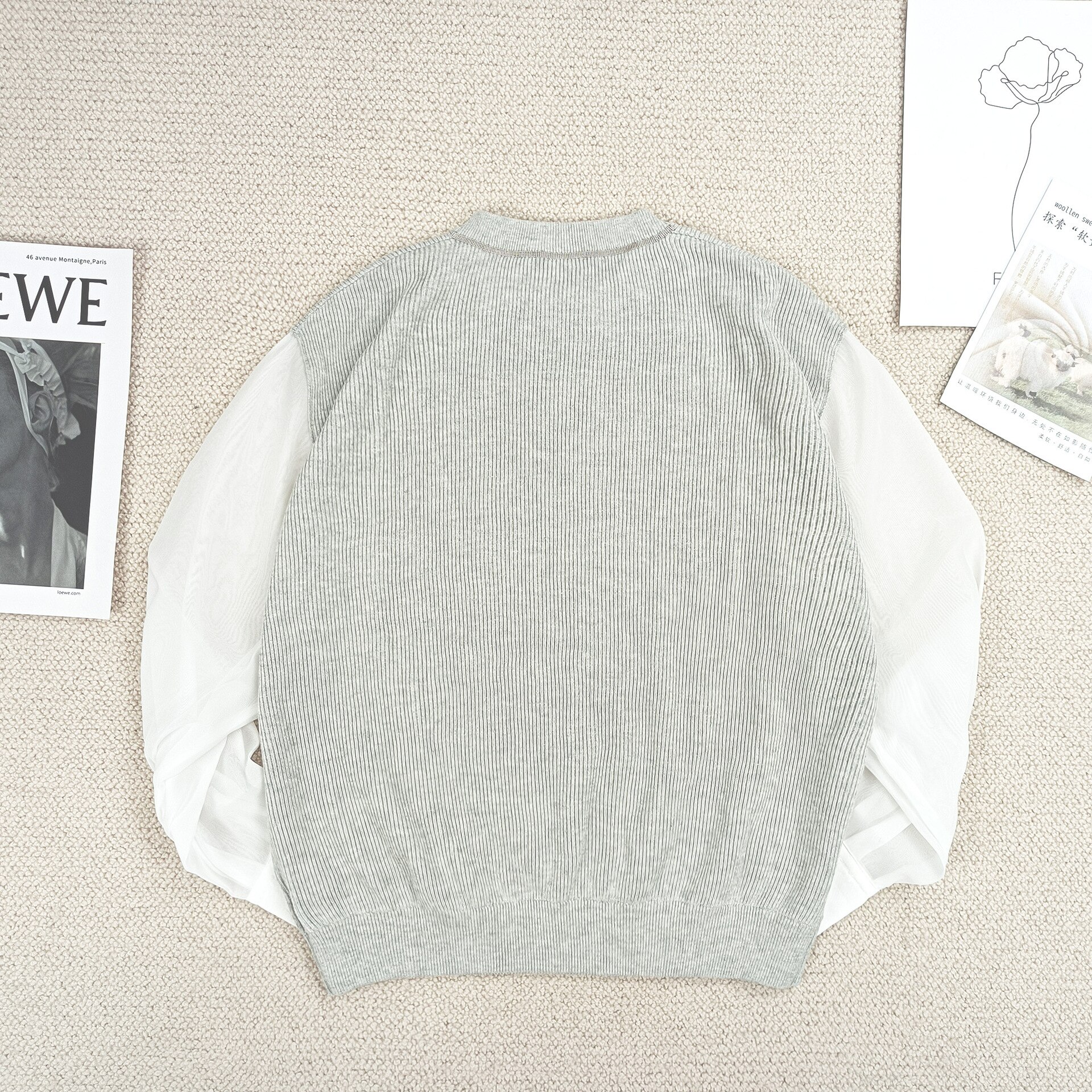 Women Mesh Stitching Knit Gray Set Ladies Long Sleeve O-neck Sweater Pullover or Elastic Waist Shorts