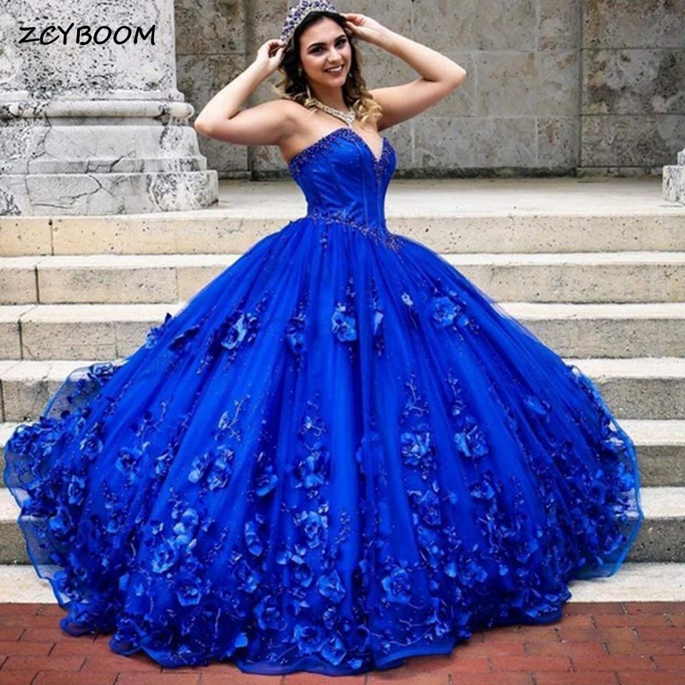Elegant Royal Blue Quinceanera Dresses 2022 Ball Gown Strapless 3D Flowers Appliques Shiny Beaded Princess Vestidos De 15 Años