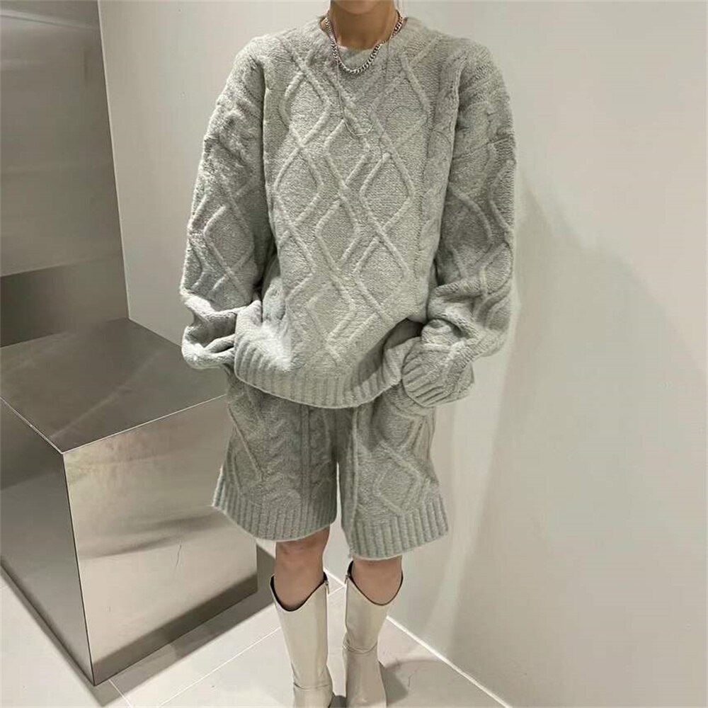 PLAMTEE Autumn Sweaters Women Two Pieces Sets Knitwear Pullovers Casual 2022 Office Lady Chic All Match Loose Wide Leg Shorts