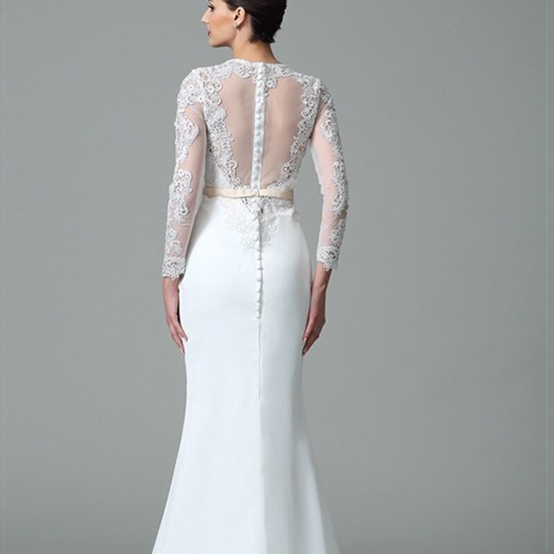 LaBoum Elegant O-Neck Mermaid Wedding Dresses Lace Appliques Long Sleeves Bridal Gowns Illusion Back Robe De Marie Sweep Train