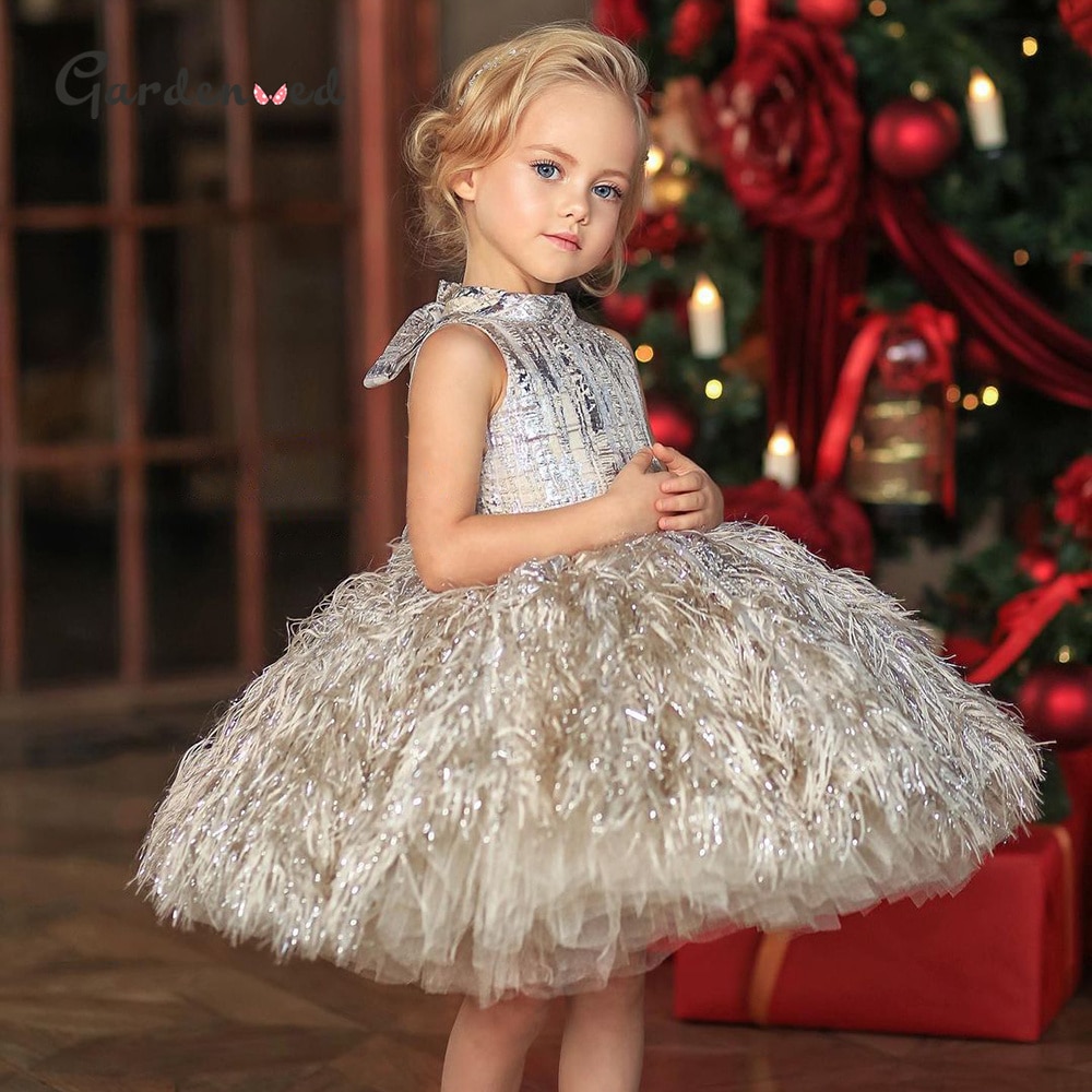 Gardenwed Puffy Princess Dress Luxury Girl Birthday Dress Feather Flower Girl Dress Child Dress First Communion Baby Girl Gown