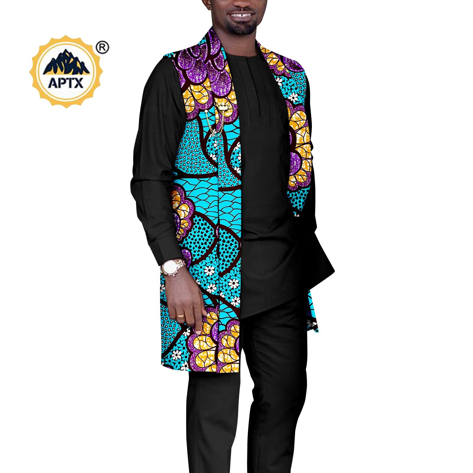 African Couples Outfits  Women Coat Long Jacket Match Men Vest + Top and Pants 3 Pieces Set With Pockets& Breastpin Y22C072