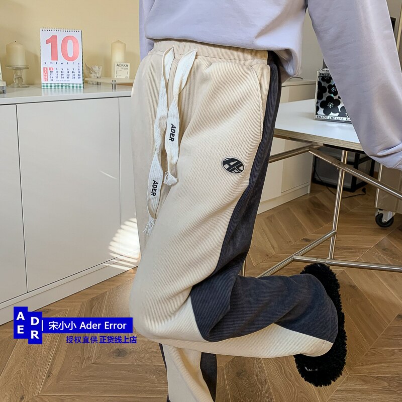 Korean high quality trousers with plush and thick contrast color in winter, casual men and women's straight wide leg trousers