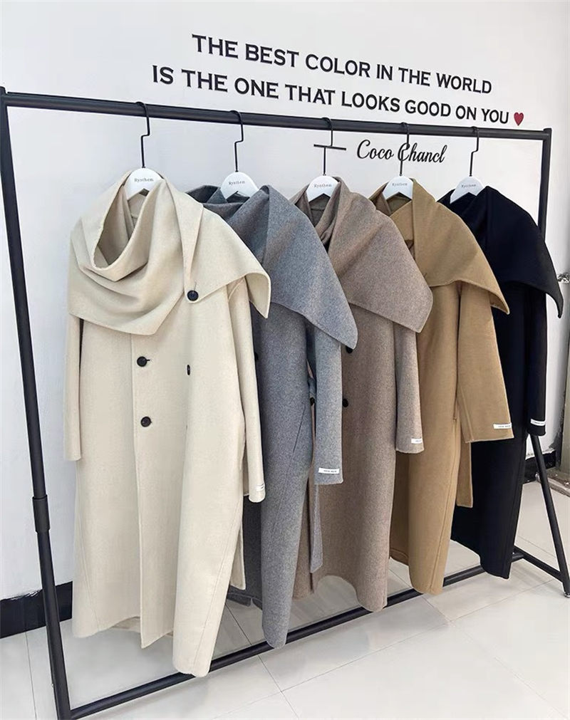 Korean High-End Scarf Collar Coat Double Breasted Sashes Woolen Long Temperament Women Autumn Winter Windbreaker Jacket T1078