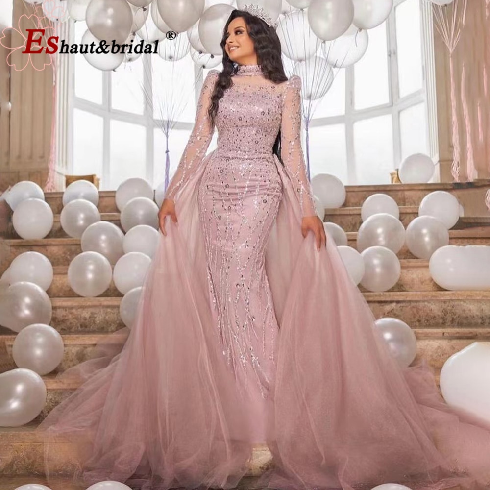 Elegant Pink Muslim Mermaid Evening Dress for Women 2022 Long Sleeves High Neck Beads Sequin Formal Prom Wedding Party Gowns