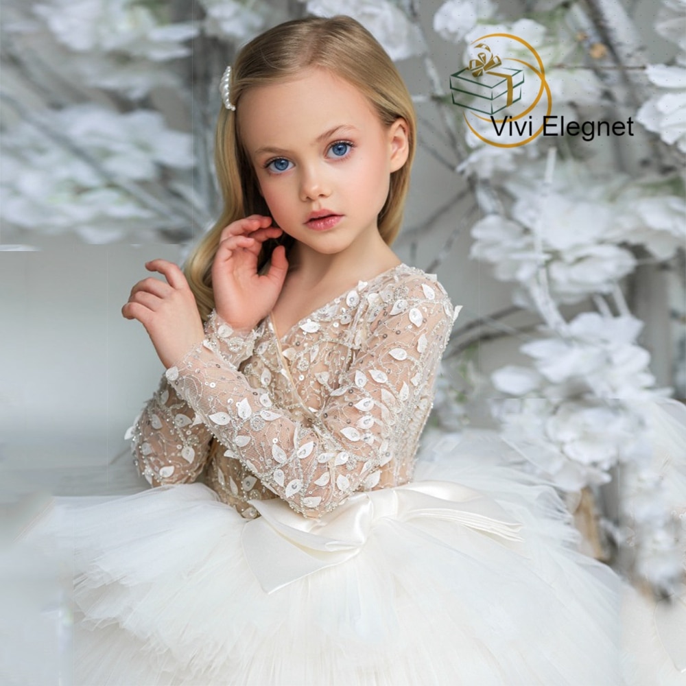 White Tutu Flower Girl Dresses for Princess Beads Full Sleeve Knee Length Child Communion Costumes 2022 Winter فساتين اطفال للعي