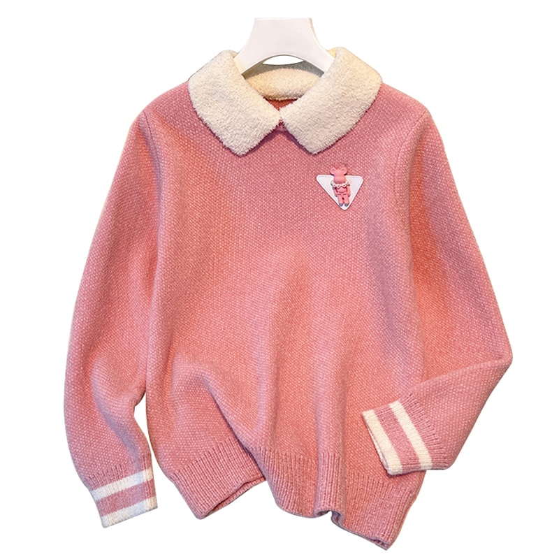 New Patchwork Knitted Sweater Women 2023 Autumn Winter Long Sleeve Turn-down Collar Pullover Tops Elegant Fashion Chic Ladies