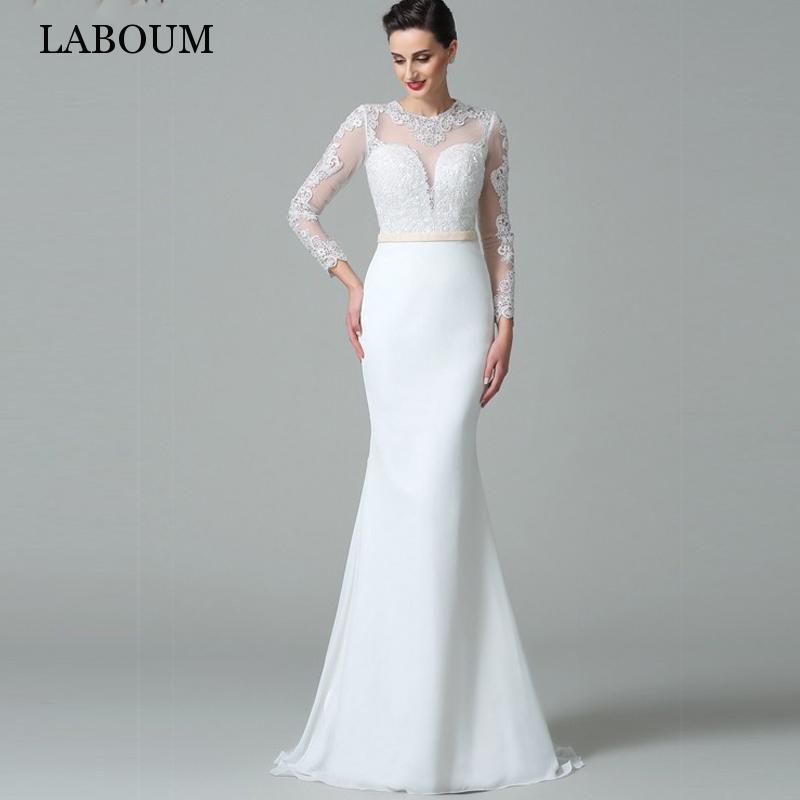LaBoum Elegant O-Neck Mermaid Wedding Dresses Lace Appliques Long Sleeves Bridal Gowns Illusion Back Robe De Marie Sweep Train