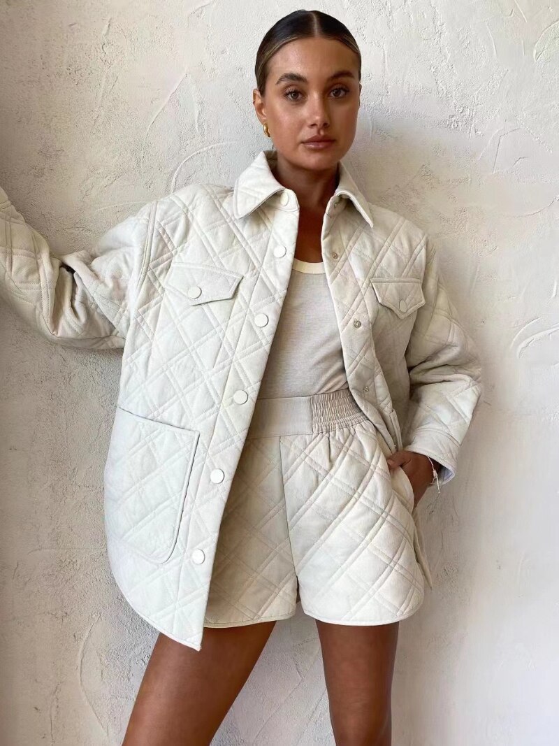 New Arrival Cusual Women Shorts Set 2022 Autumn Collection Army Green White Plaid Ladies Suit