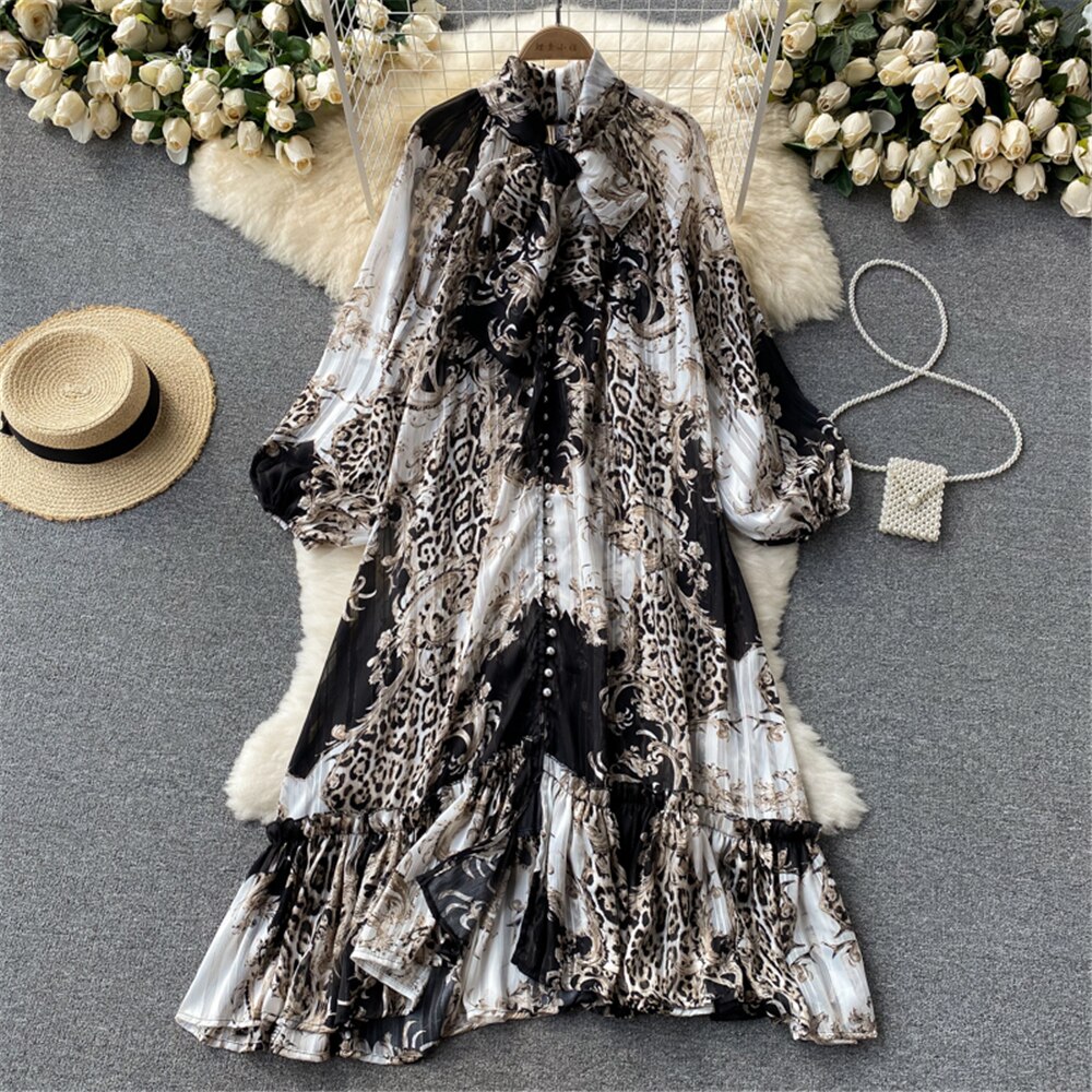 Boho Indie Folk Women Printed Loose Dress Autumn Fashion Bandage Long Sleeve Pleated Dresses Vintage Vestidos Female Clothing