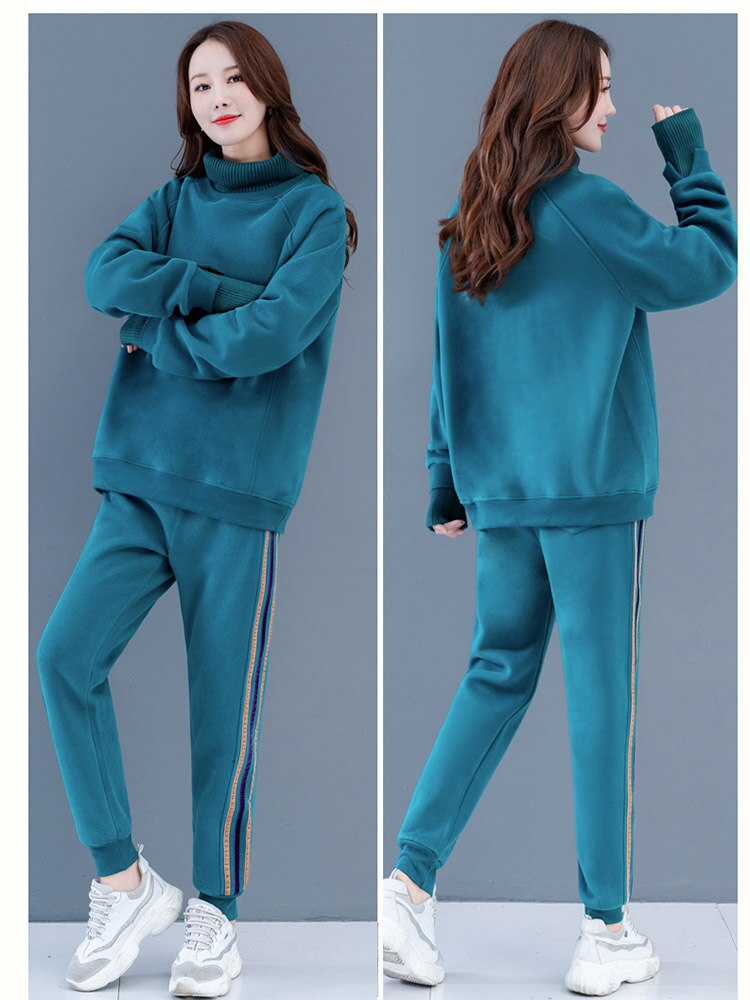 Women 2 Piece Sets Autumn and Winter Solid Sportswear Long Sleeve Turtleneck Sweatshirt +Jogger Pants Casual Female Tracksuits