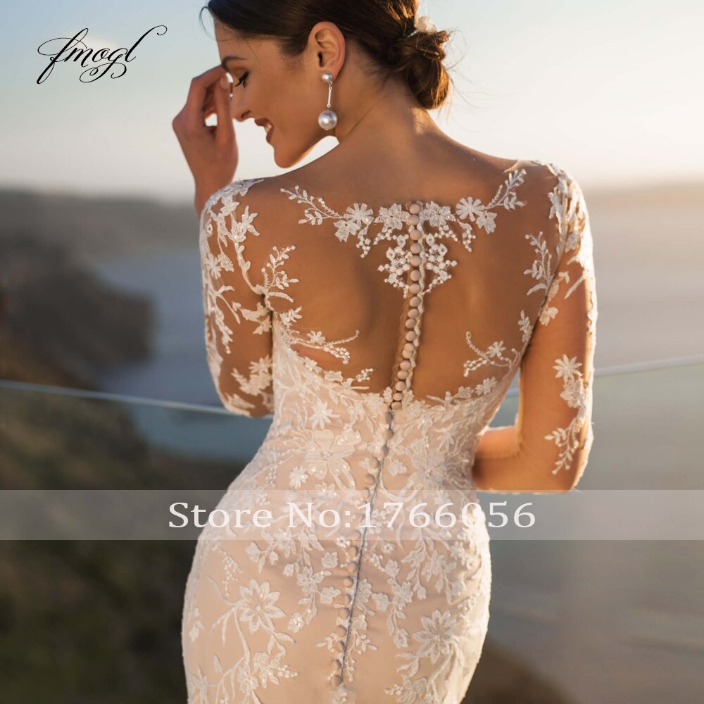 Fmogl Sexy Illusion Long Sleeve Lace Mermaid Wedding Dresses 2022 Luxury Appliques Button Detachable Train Trumpet Bride Gown