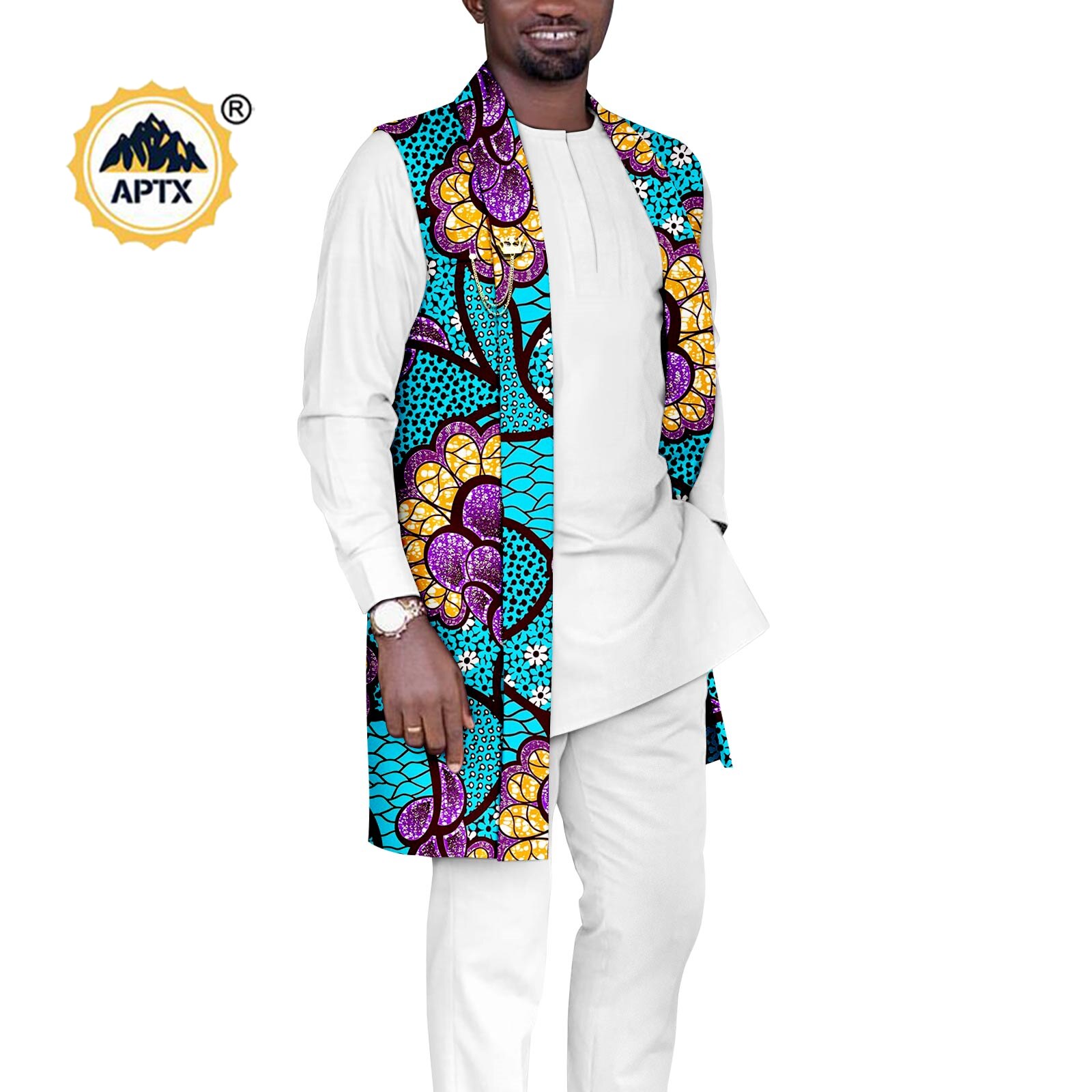 African Couples Outfits  Women Coat Long Jacket Match Men Vest + Top and Pants 3 Pieces Set With Pockets& Breastpin Y22C072