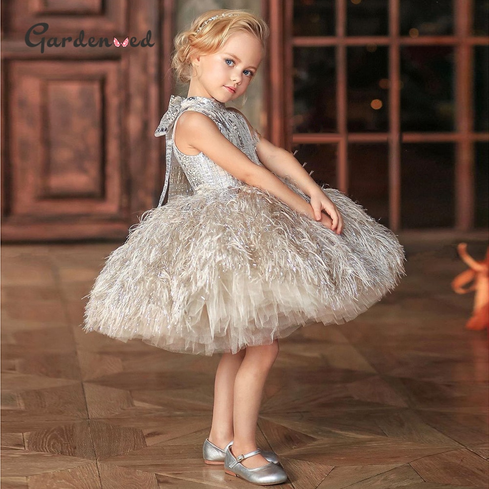 Gardenwed Puffy Princess Dress Luxury Girl Birthday Dress Feather Flower Girl Dress Child Dress First Communion Baby Girl Gown