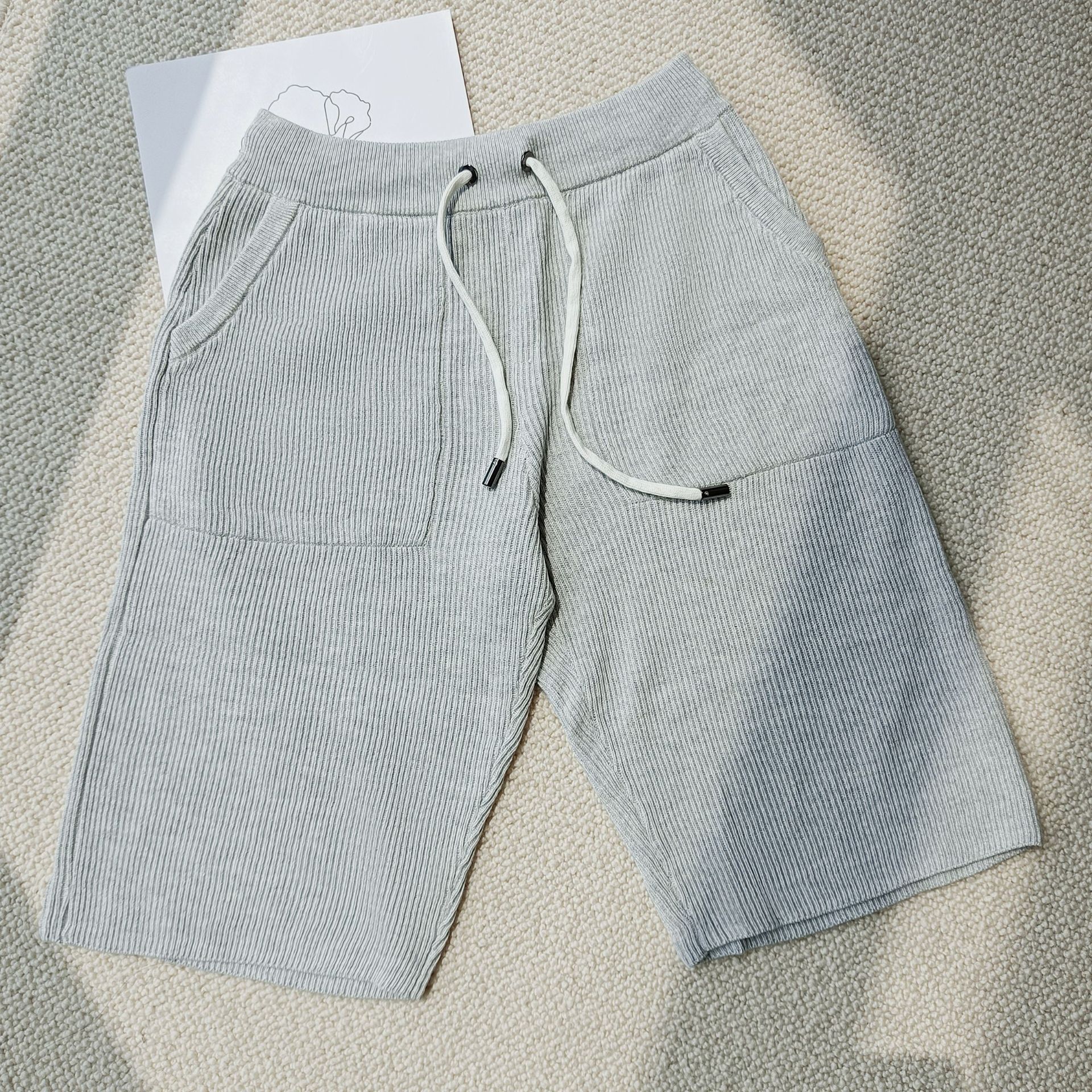 Women Mesh Stitching Knit Gray Set Ladies Long Sleeve O-neck Sweater Pullover or Elastic Waist Shorts