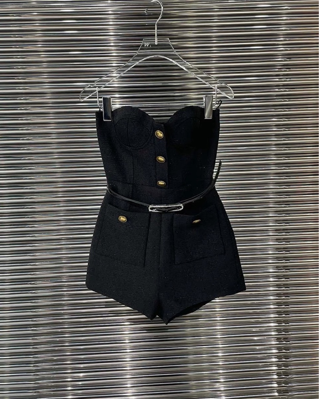 GetSpring Women Sets Metal Button Short Black Blazer Jacket Strapless Slim Playsuits Two Piece Sets 2022 Autumn Winter Fashion