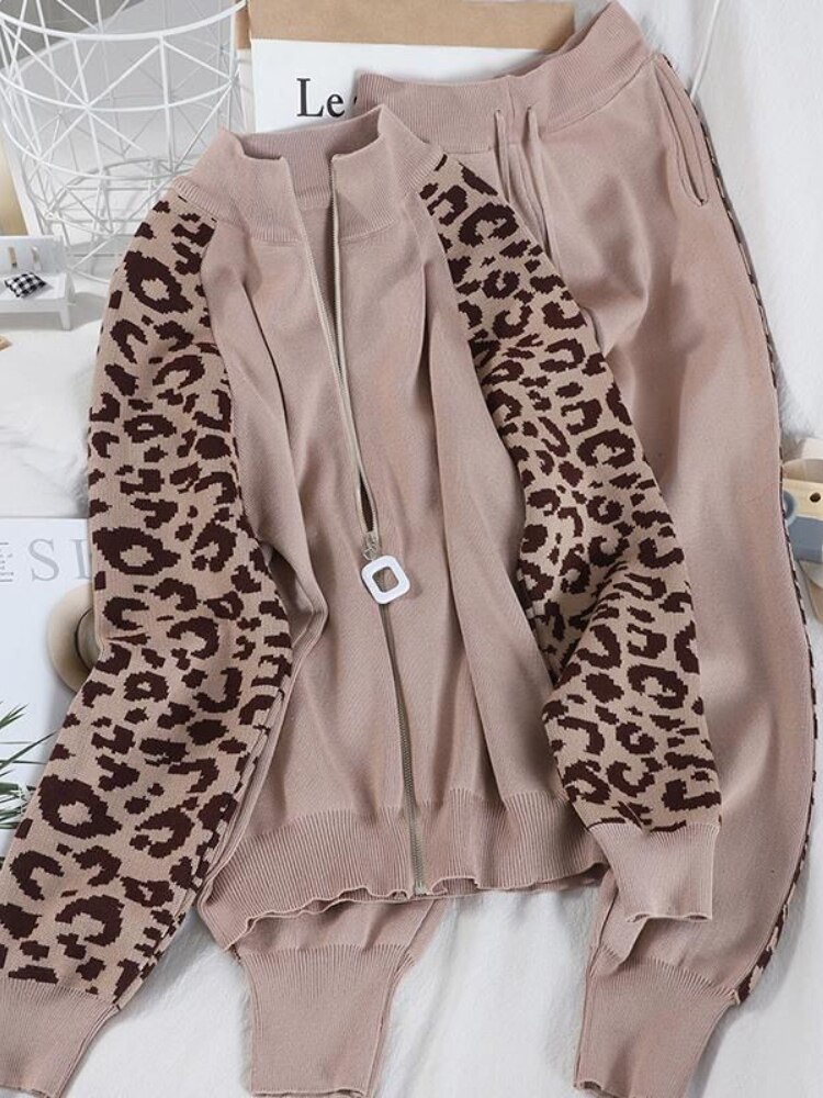 Women's Warm Suit Leopard Zipper Knitting Sweater Two Piece Set Women Top and Pants Casual Loose Autumn Winter Women's Warm Suit