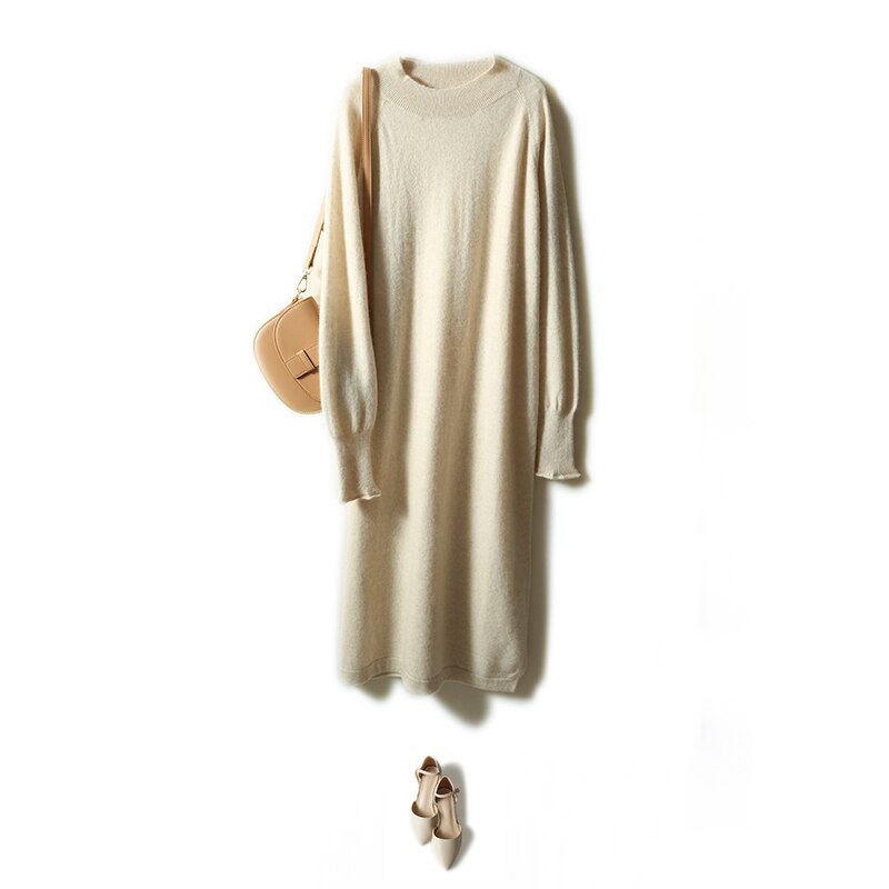 100% Pure Cashmere Knitted Women Dresses Elegante Dress Winter Soft Oneck Loose Jumpers Vestido Ladies Solid Long Sleeve Dress