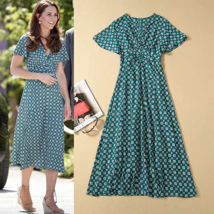 French Style Elegant Women V-neck Green Printed Dress Female's Casual Summer Midi Long Dresses Fashion Office Lady Dress