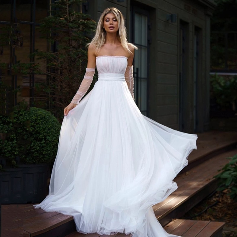 13387#Simple Strapless Half Sleeves Sexy Vestido De Novia A-Line Soft Tulle Backless Beach Wedding Dress Bride Gown 2022