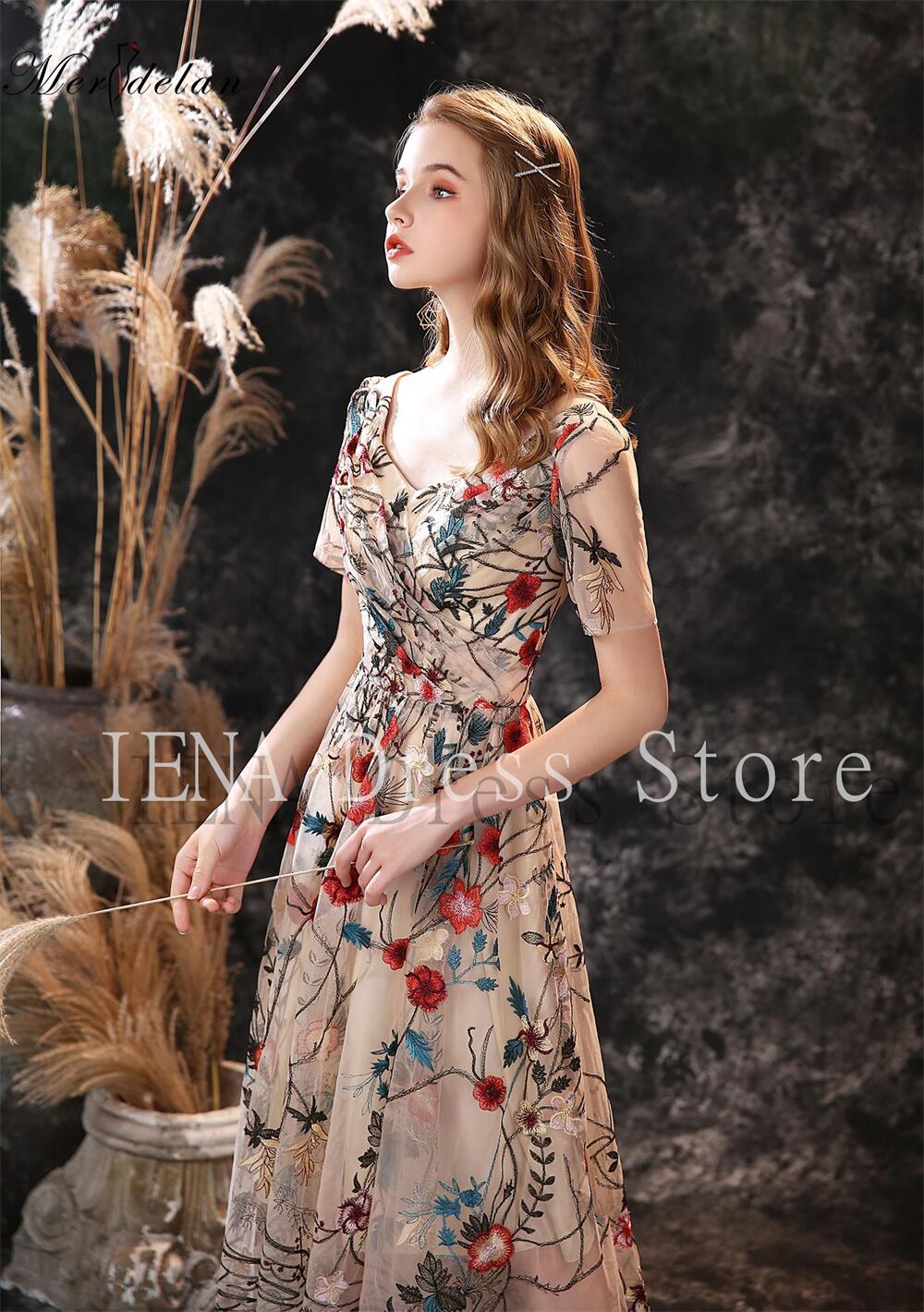 14280#Floral Prom Dresses Embroidery Romantic Colorful Flower Pattern Sheer Sleeves Evening Party Banquet Wedding Birthday Gowns