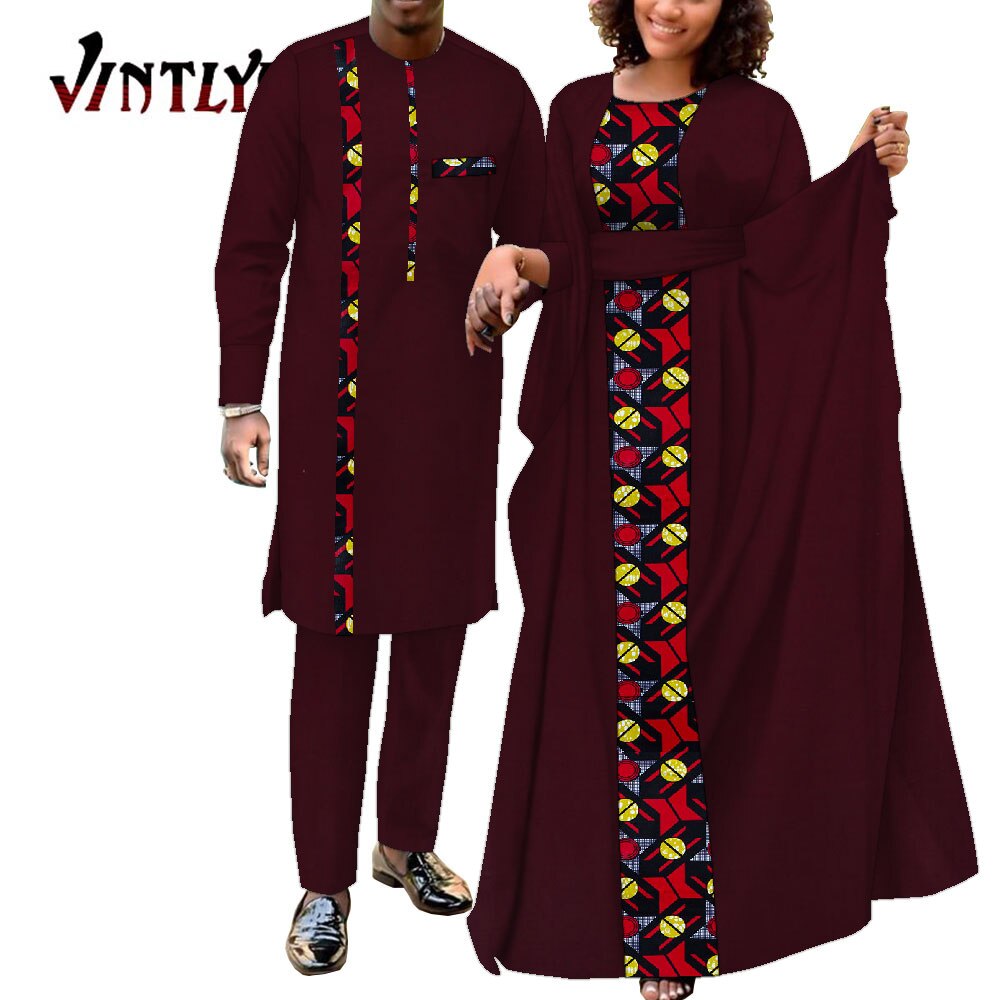 2 Pcs African Dresses for Women and Dashiki Men Suits Floral Print Couple Clothes Lovers Outfit Patchwork Robe Dress Wyq949