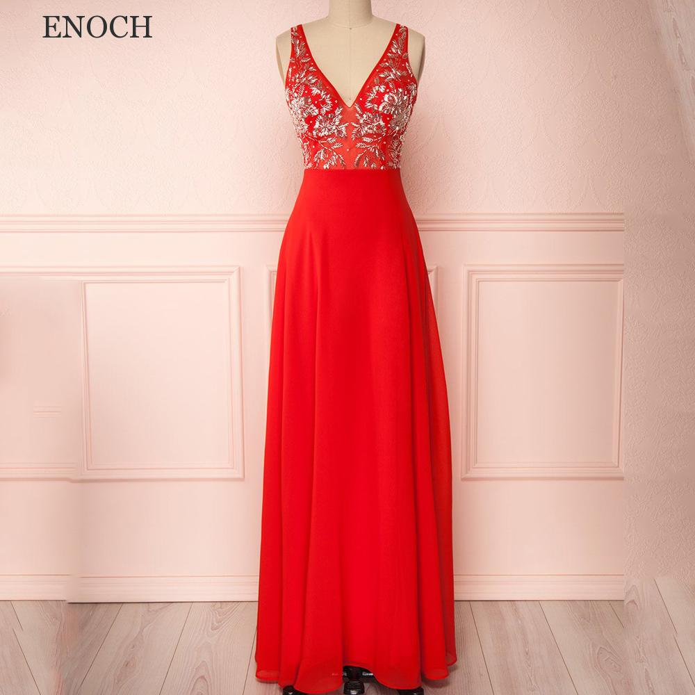 ENOCH Stunning V-Neck A-Line Evening Dresses Sleeveless Backless Red Appliques Formal Gowns Chiffon Side Split Vestido De Noche