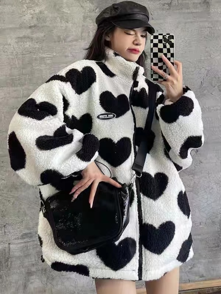 2022 autumn and winter new love lambswool cotton-padded jacket double-sided collar jacket couple loose jacket warm jacket Y2K