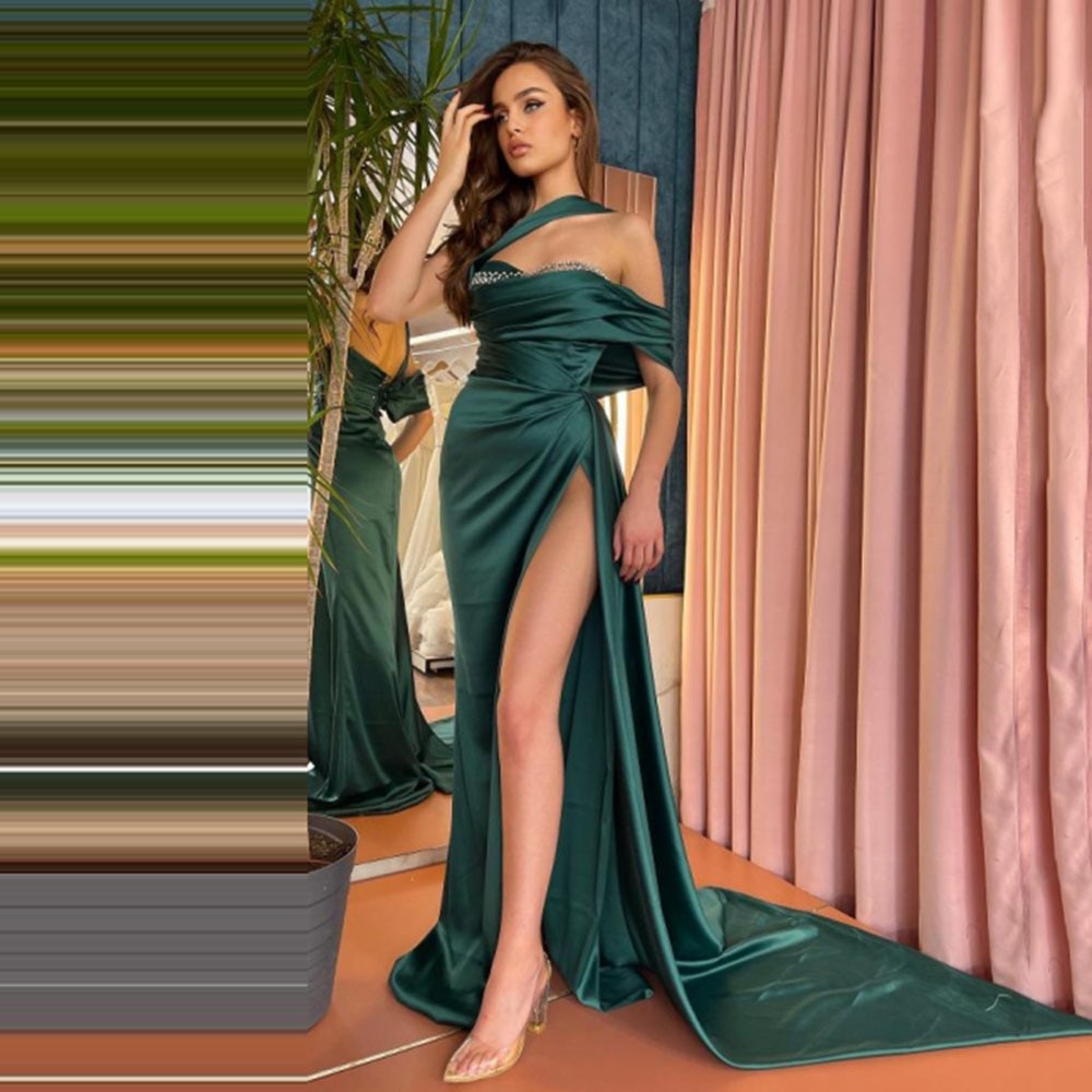 SoDigne Green Mermaid Evening Dresses Beads One Shoulder Straps Ruched Prom Dress Pleated Saudi Arabia Celebrity Party Gowns