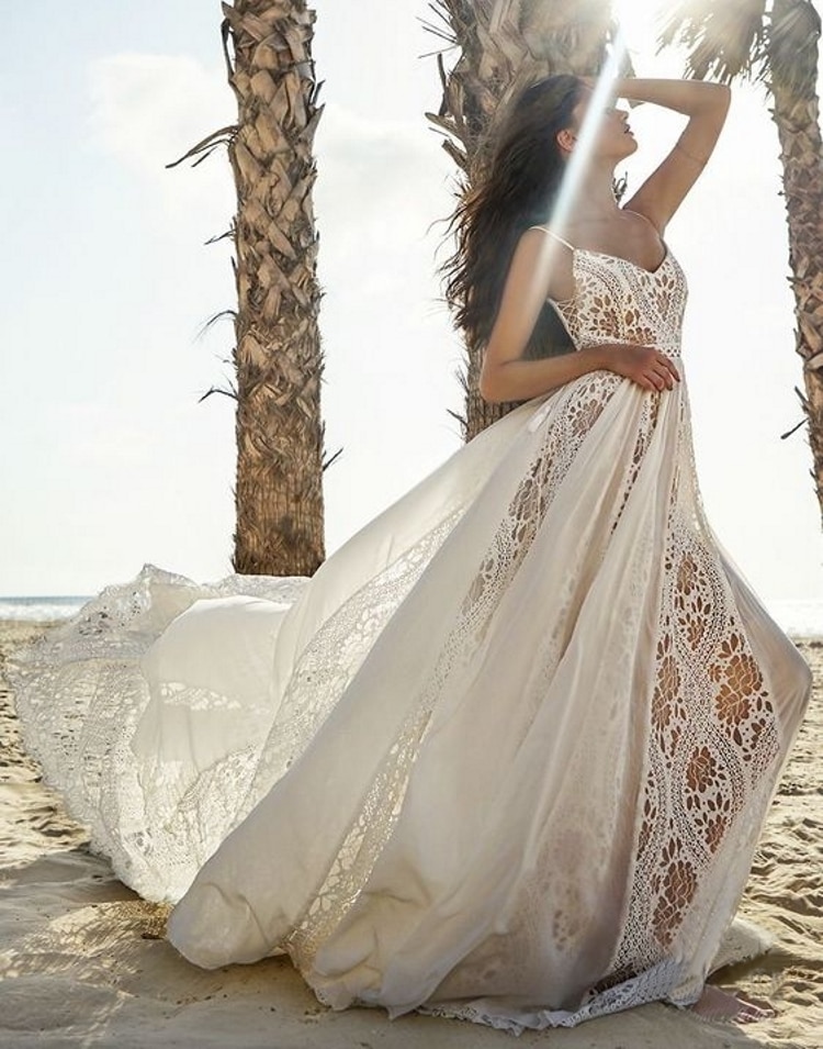 1318# Real Photos Spaghetti Straps Bride Gown 2022 Sleeveless V Neck Open Back Bohemian Sweep Train Wedding Dress Chiffon Lace