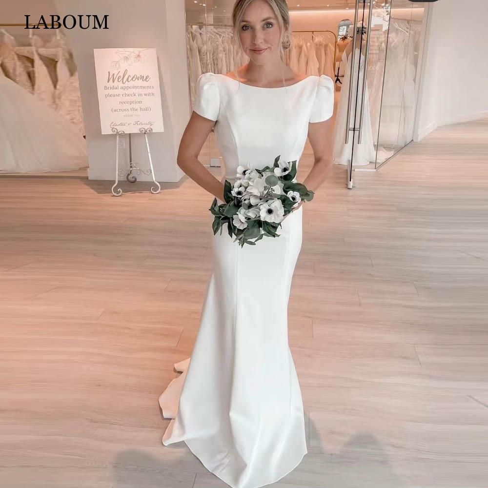 LaBoum Simple O-Neck Satin Wedding Dresses Short Sleeves Mermaid Bridal Gowns Backless With Bow Vestido De Novia Custom Made