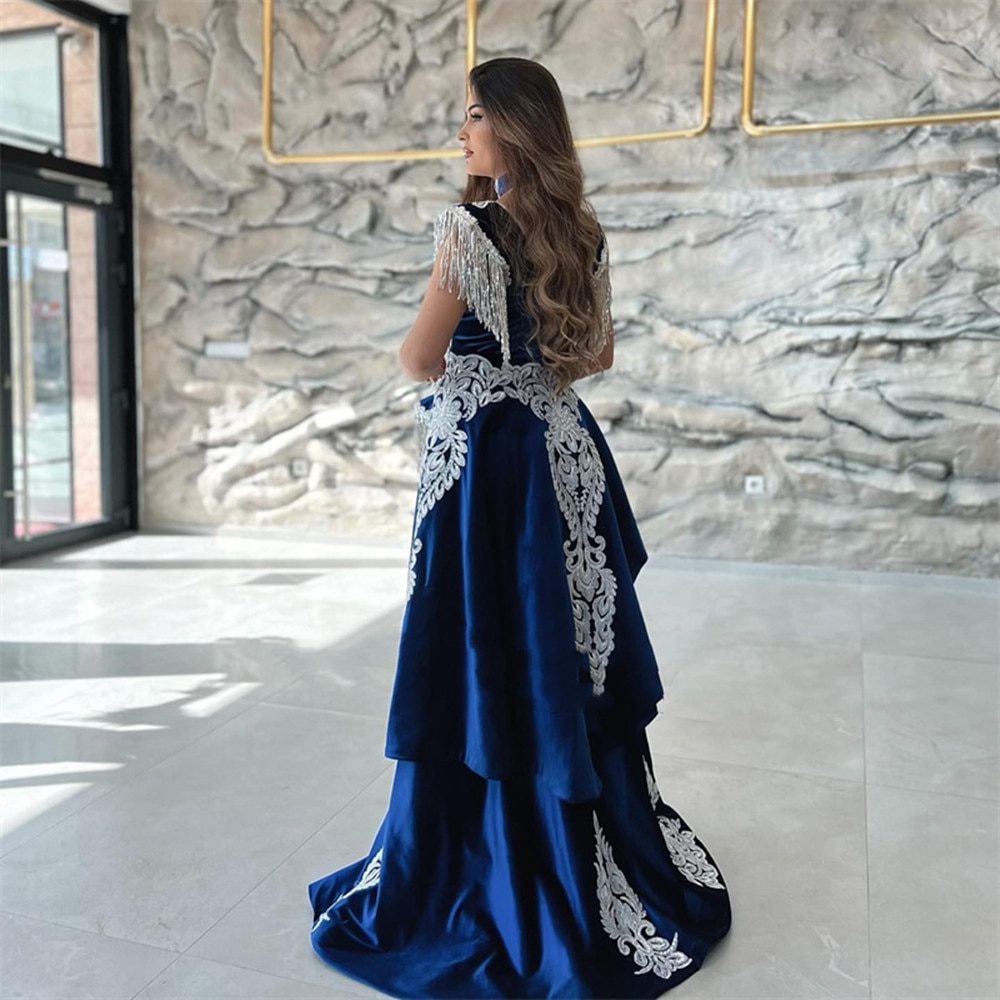Moroccan Caftan Evening Dress Appliques Lace Cap Sleeve Royal Blue Mermaid Slit Arabic Prom Gowns Party Dress 2022
