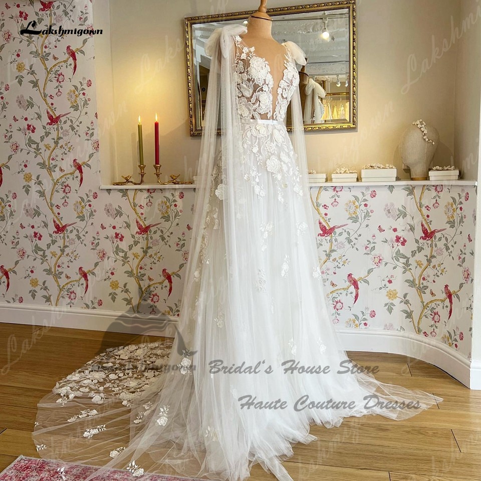 Robe Mariage Civil Bohemian Wedding Dress V Neck Floral Lace Sexy Bridal Off White Tulle Long Beach Wedding Gowns 2023 Open Back