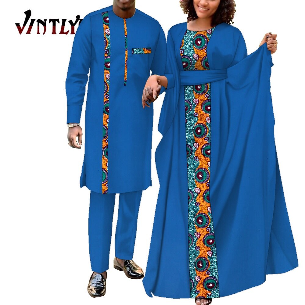 2 Pcs African Dresses for Women and Dashiki Men Suits Floral Print Couple Clothes Lovers Outfit Patchwork Robe Dress Wyq949